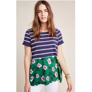 Anthropologie Sonja Striped Floral Swing Tunic Short Sleeve T-Shirt Preppy Small